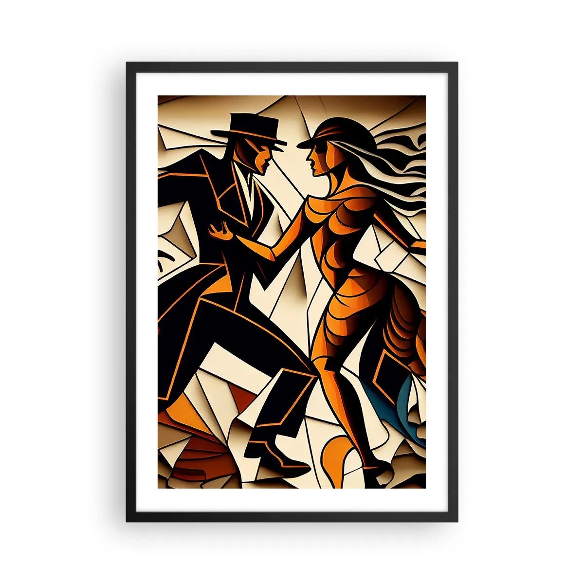 Affisch i svart ram - Ett dynamiskt par som dansar tango i kubistisk stil. - 50x70cm - Passionsdans - Modern väggdekoration för vardagsrum och sovrum ARTTOR