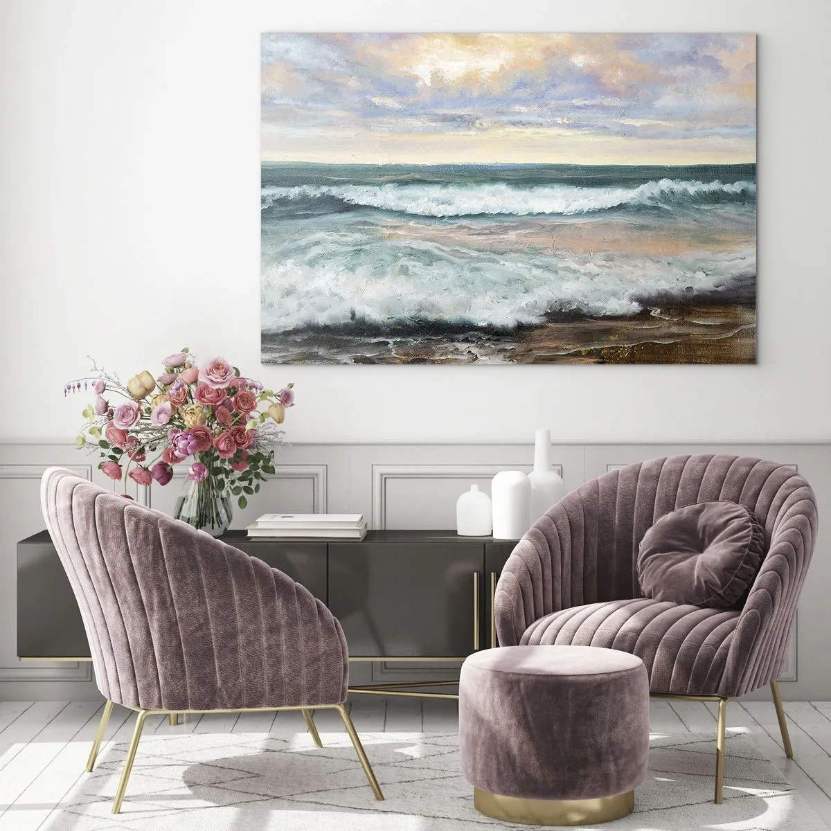 Glastavla - Bild på glas - En målning som föreställer vågor som slår mot stranden - 70x50cm - Här kan du släta ut din själ - Modern väggdekoration för vardagsrum och sovrum ARTTOR