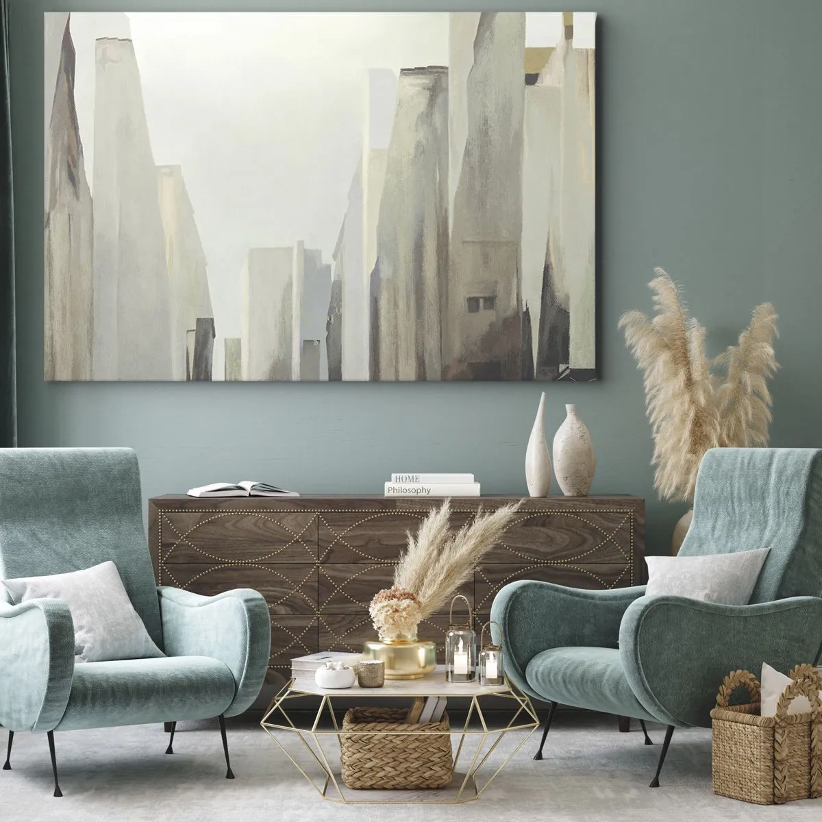 Canvastavla - Bild på duk - Abstrakt stadsbild i pastellfärger - 70x50cm - En dröm om staden - Modern väggdekoration för vardagsrum och sovrum ARTTOR