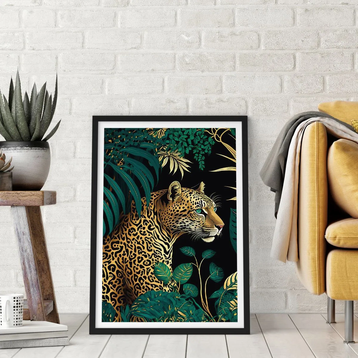 Affisch i svart ram - Gyllene leopard i den tropiska djungeln - 50x70cm - Värden i djungeln - Modern väggdekoration för vardagsrum och sovrum ARTTOR