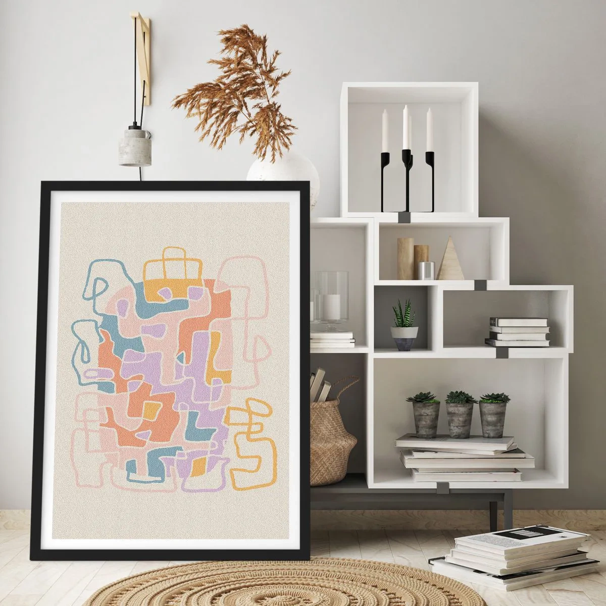 Affisch i svart ram - Färgglad abstraktion med oregelbundna linjer på en ljus bakgrund - 50x70cm - Labyrint - ett glädjefyllt äventyr - Modern väggdekoration för vardagsrum och sovrum ARTTOR