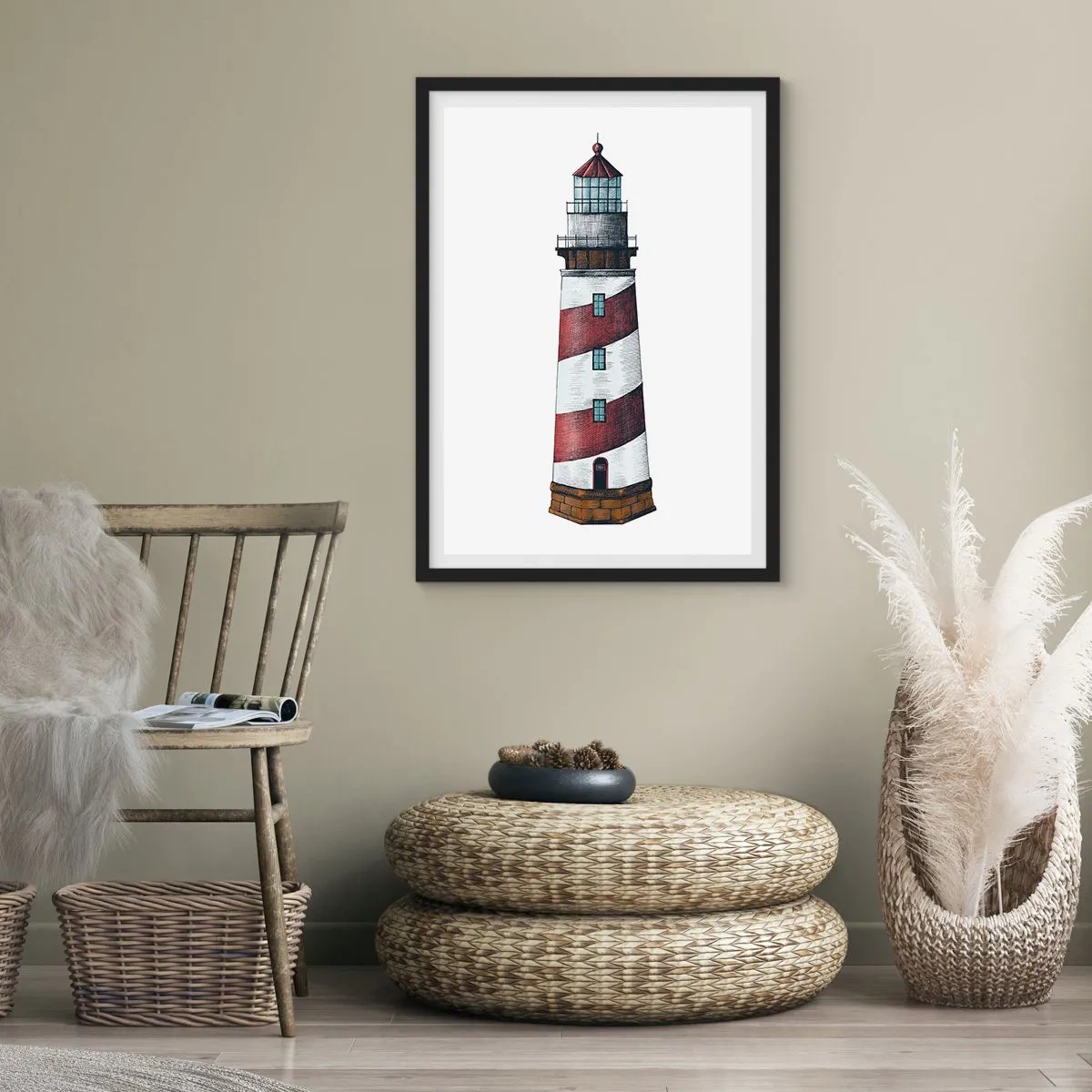 Affisch i svart ram - Fyrillustration i klassisk stil - 50x70cm - Alltid på sin vakt - Modern väggdekoration för vardagsrum och sovrum ARTTOR