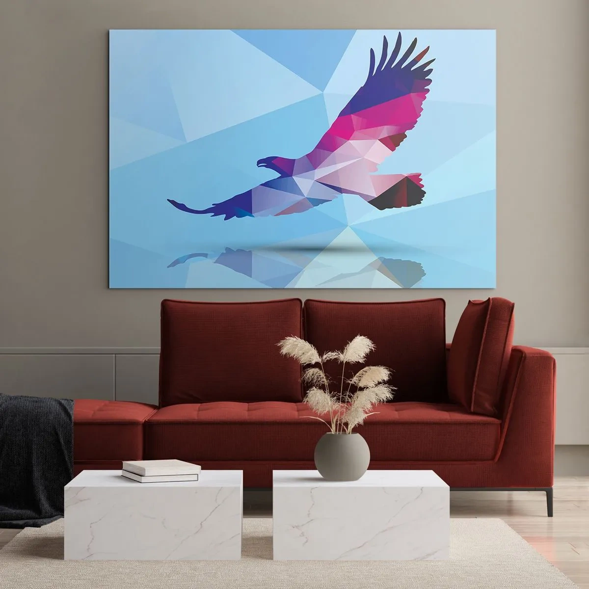 Glastavla - Bild på glas - Geometrisk örn på en blå bakgrund - 70x50cm - Örn i lila kristall - Modern väggdekoration för vardagsrum och sovrum ARTTOR