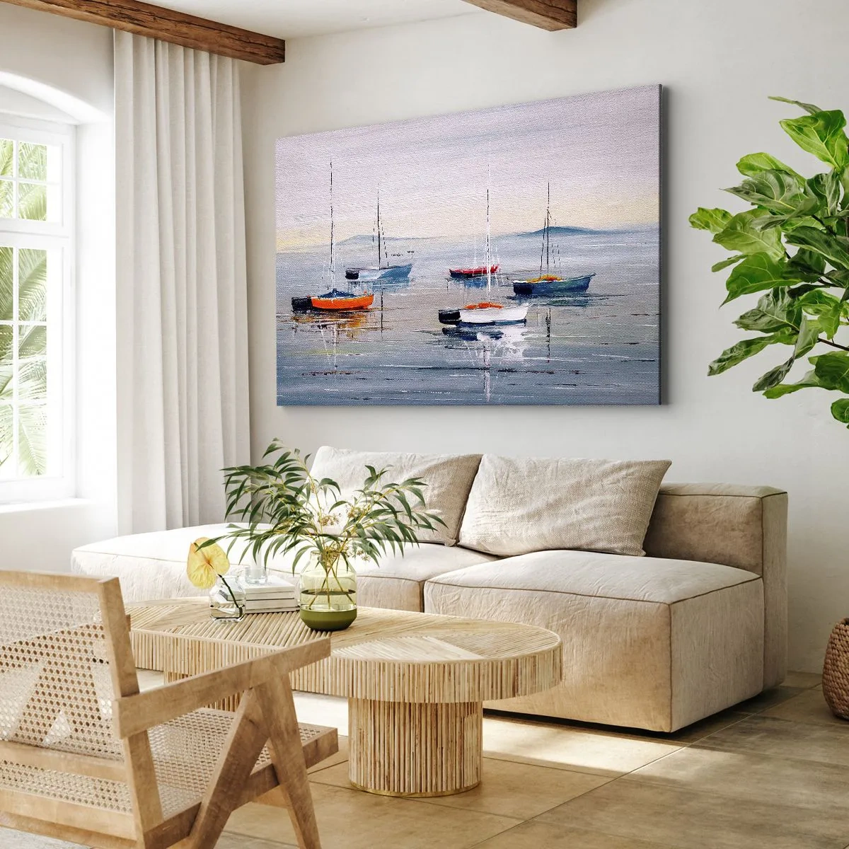 Canvastavla - Bild på duk - Färgglada båtar på lugnt vatten - 70x50cm - En välförtjänt vila - Modern väggdekoration för vardagsrum och sovrum ARTTOR
