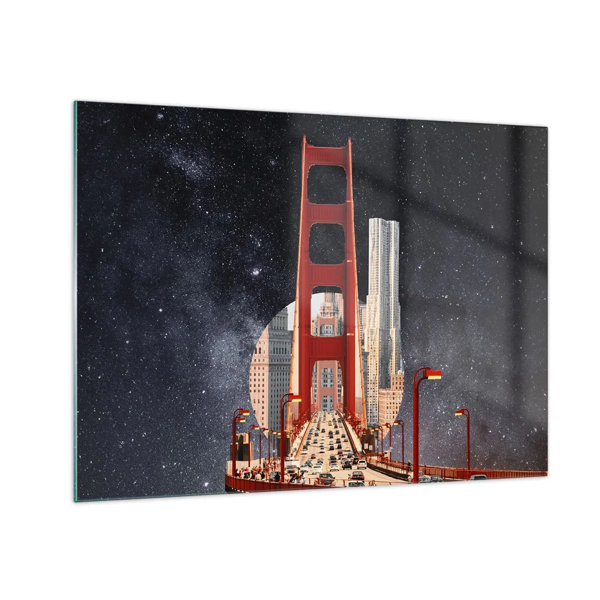 Glastavla - Bild på glas - Bro och skyskrapor i en surrealistisk galaxbakgrund - 70x50cm - Alltid i centrum - Modern väggdekoration för vardagsrum och sovrum ARTTOR