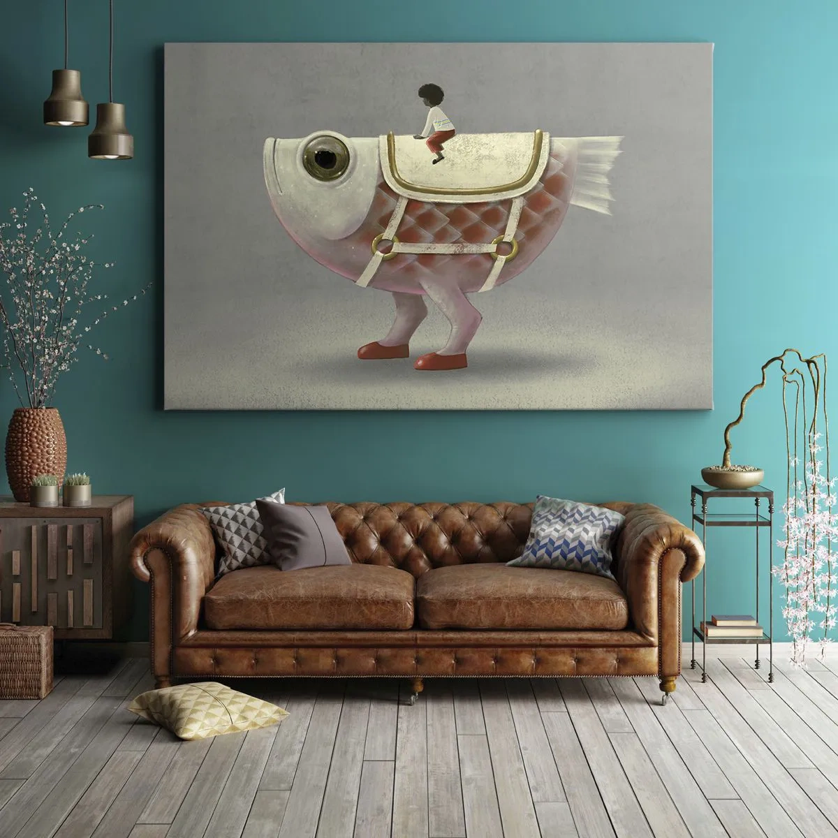 Canvastavla - Bild på duk - En tjusig fiskryttare med ben och sadel - 70x50cm - Fiskryttare - Modern väggdekoration för vardagsrum och sovrum ARTTOR