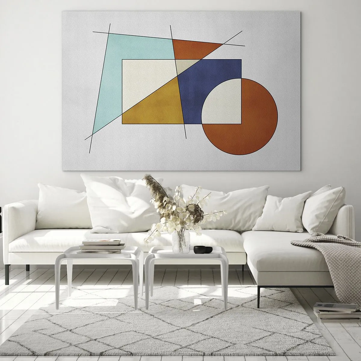 Glastavla - Bild på glas - Färgglada geometriska former på en ljus bakgrund i modernistisk stil - 70x50cm - Abstraktion: modernistiskt nöje - Modern väggdekoration för vardagsrum och sovrum ARTTOR
