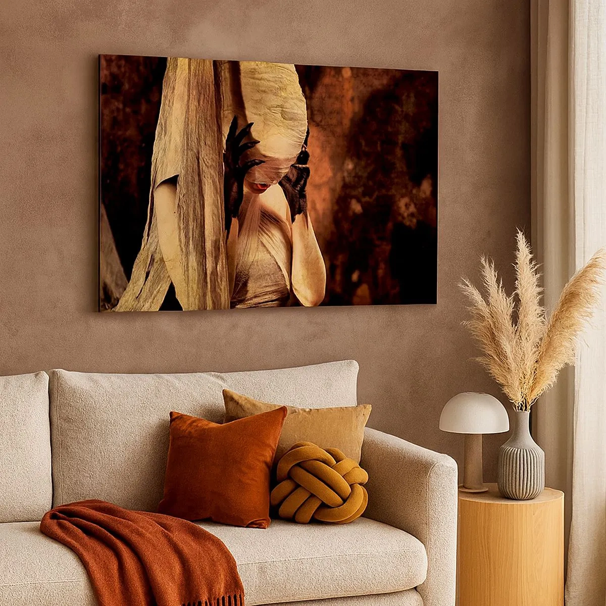 Canvastavla - Bild på duk - En kvinna i slöja med mystisk styling mot en mörk bakgrund - 70x50cm - Mellan det goda och det onda - Modern väggdekoration för vardagsrum och sovrum ARTTOR