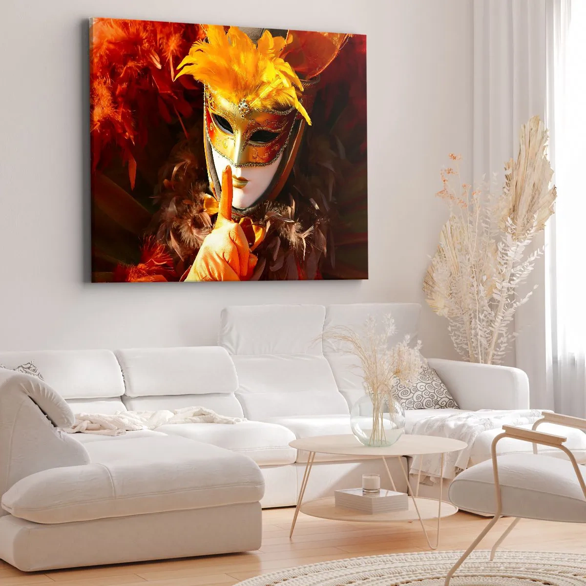 Canvastavla - Bild på duk - Karnevalsmask i nyanser av guld och orange - 70x50cm - Hemligheten är en del av spelet - Modern väggdekoration för vardagsrum och sovrum ARTTOR