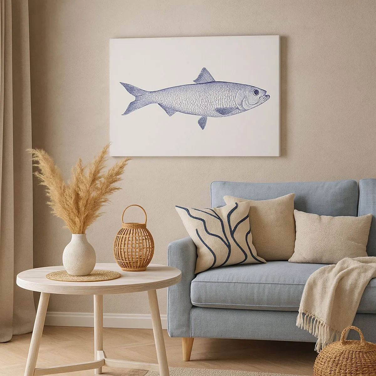 Canvastavla - Bild på duk - Illustration av en fisk i nyanser av blått mot en ljus bakgrund - 70x50cm - Hälsningar från de nordliga haven - Modern väggdekoration för vardagsrum och sovrum ARTTOR