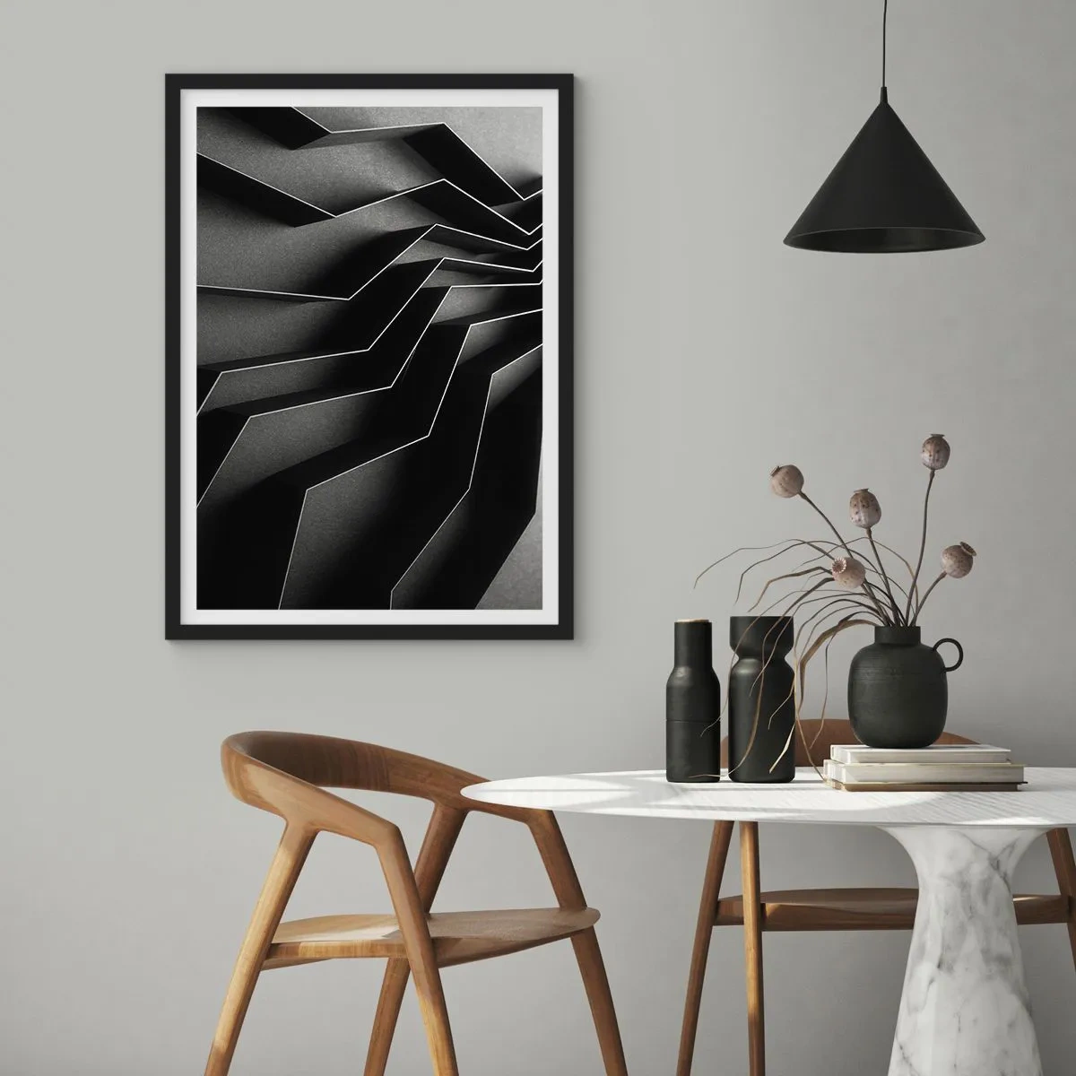 Affisch i svart ram - En svartvit komposition av geometriska, rumsliga strukturer - 50x70cm - Rumslig ordning - Modern väggdekoration för vardagsrum och sovrum ARTTOR