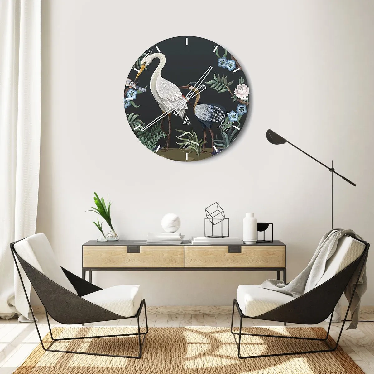 Väggklocka - Klocka på glas - Dekorativa fåglar bland växter på en mörk bakgrund - 30x30cm - Fågelparad - Modern väggdekoration för vardagsrum, kök och sovrum ARTTOR