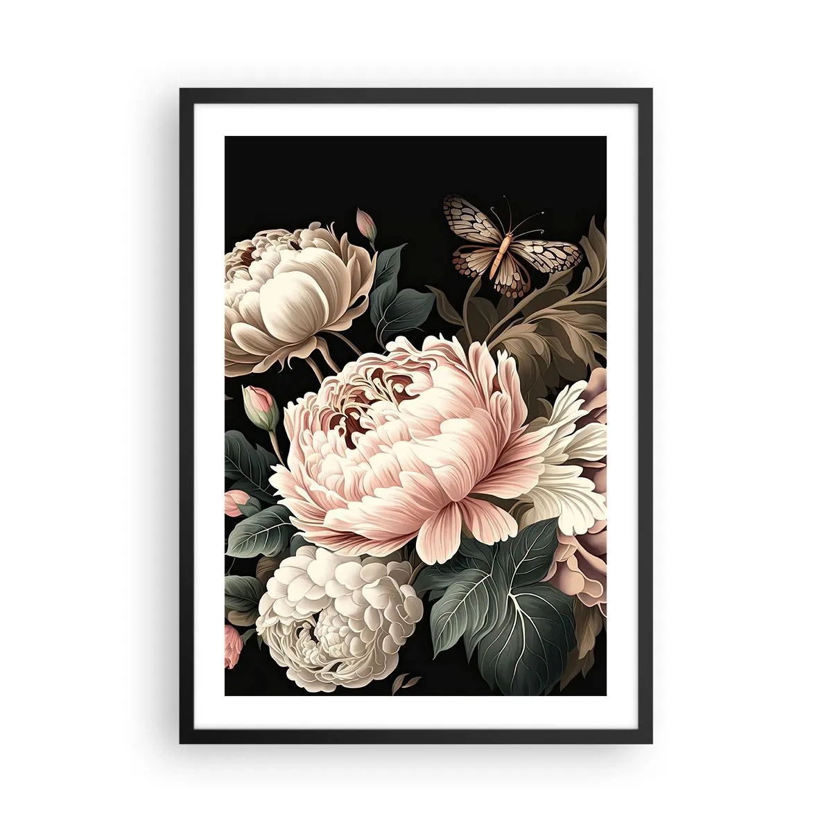 Affisch i svart ram - Eleganta pioner och en fjäril på svart bakgrund - 50x70cm - I barockstil - Modern väggdekoration för vardagsrum och sovrum ARTTOR