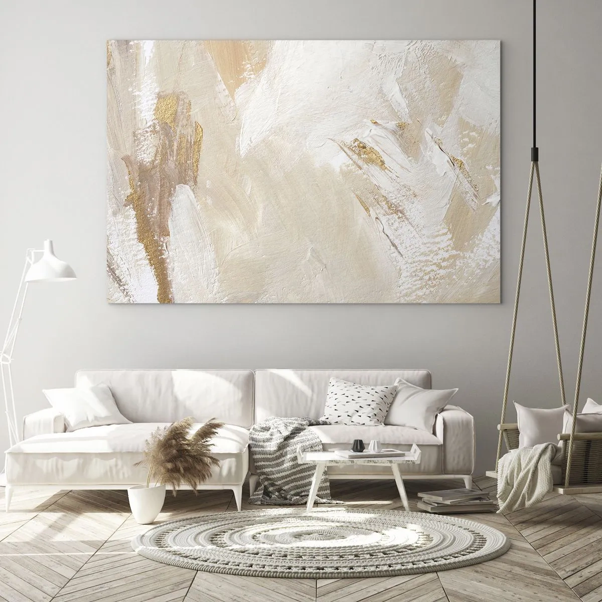 Glastavla - Bild på glas - Beige och vit abstraktion med guldfärgade accenter - 70x50cm - Pastellfärgad komposition - Modern väggdekoration för vardagsrum och sovrum ARTTOR