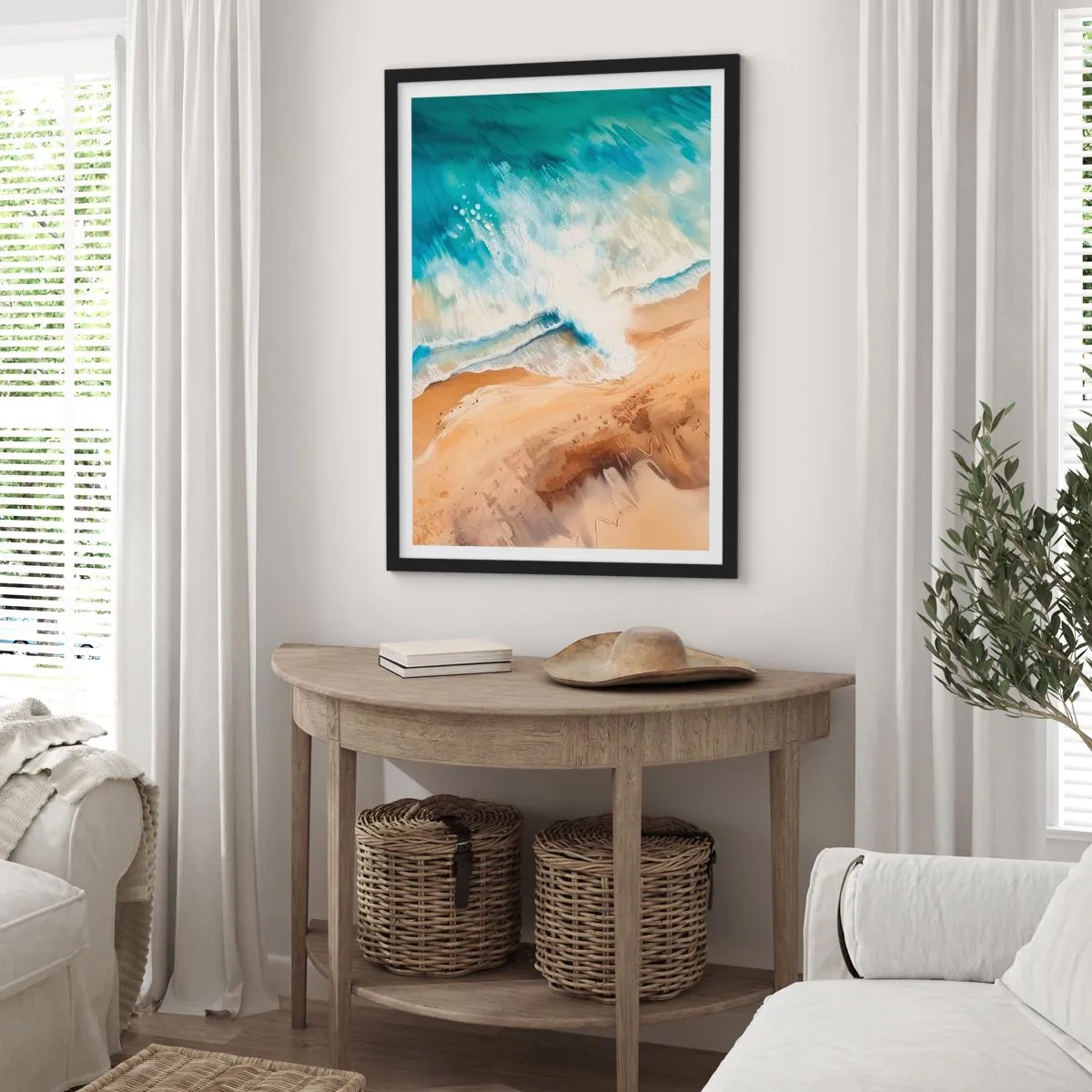 Affisch i svart ram - En abstrakt scen av en våg som slår mot stranden i nyanser av turkos och sand. - 50x70cm - Den återkommande vågen - Modern väggdekoration för vardagsrum och sovrum ARTTOR
