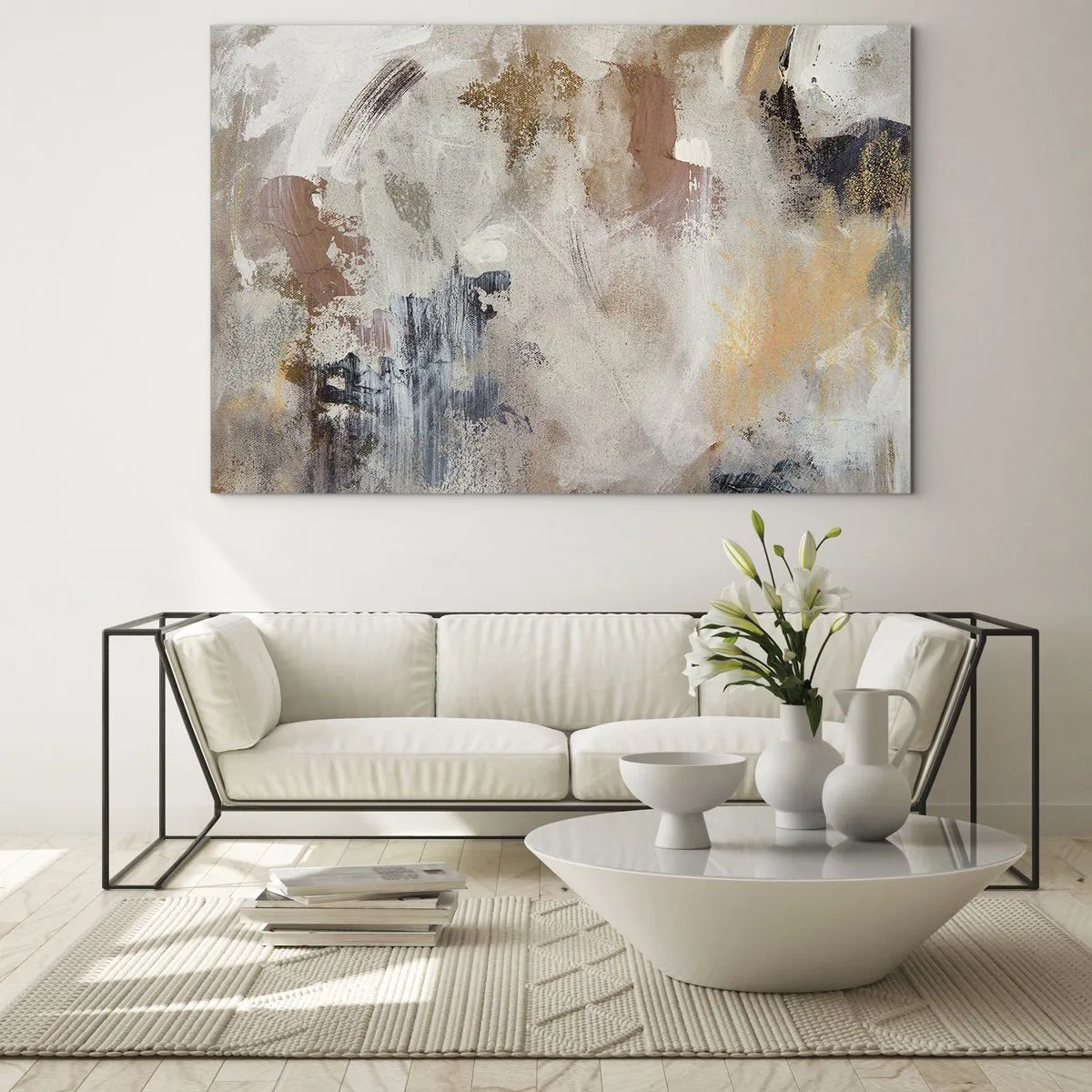 Glastavla - Bild på glas - Beige och brun abstrakt komposition i en disig stil - 70x50cm - Dimmig abstraktion - Modern väggdekoration för vardagsrum och sovrum ARTTOR