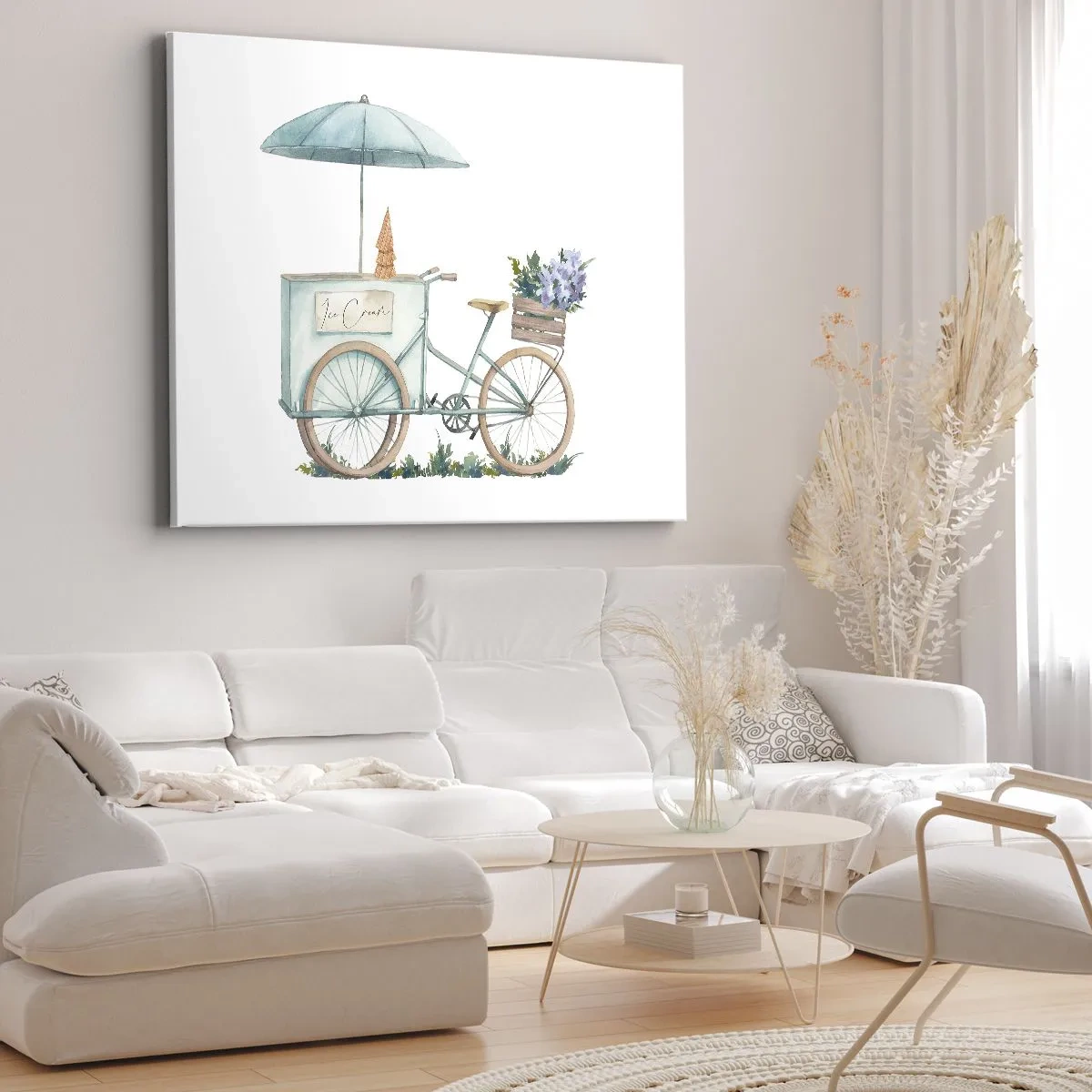 Canvastavla - Bild på duk - En cykel med glass och blommor under ett paraply i delikata pastellfärger - 70x50cm - Sött minne av sommaren - Modern väggdekoration för vardagsrum och sovrum ARTTOR