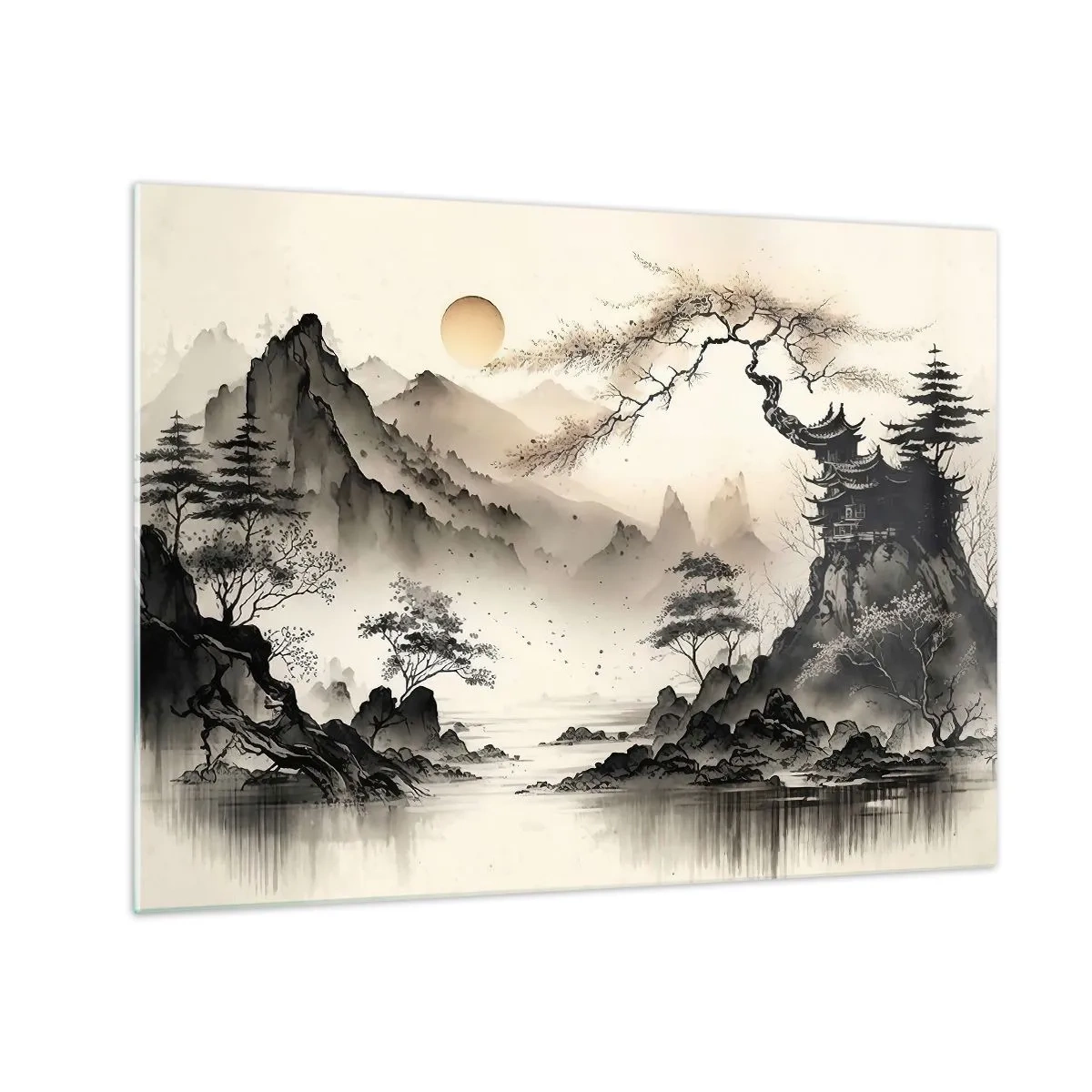 Glastavla - Bild på glas - Orientaliskt bergslandskap med en pagod och träd - 70x50cm - Orientens unika charm - Modern väggdekoration för vardagsrum och sovrum ARTTOR