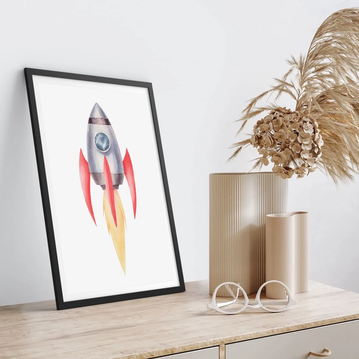 Affisch i svart ram - Akvarell stil rymdraket - 50x70cm - Högre, snabbare, längre - Modern väggdekoration för vardagsrum och sovrum ARTTOR