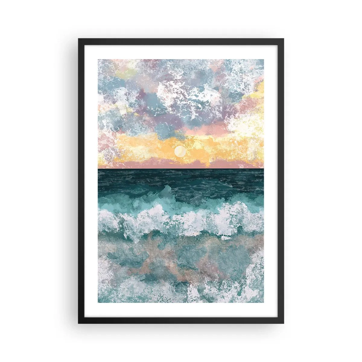 Affisch i svart ram - Havsvågor och solnedgång i akvarellstil - 50x70cm - Vatten, ljus, luft - Modern väggdekoration för vardagsrum och sovrum ARTTOR