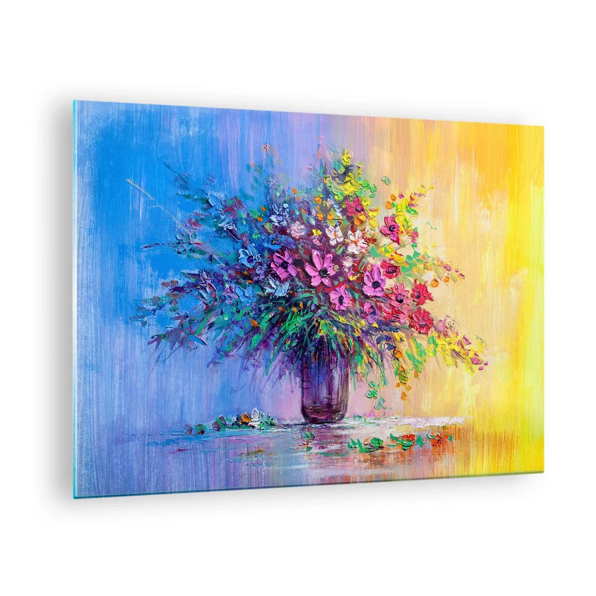 Glastavla - Bild på glas - En färgglad blombukett i en vas på en abstrakt bakgrund - 70x50cm - Sommarängens gåva - Modern väggdekoration för vardagsrum och sovrum ARTTOR
