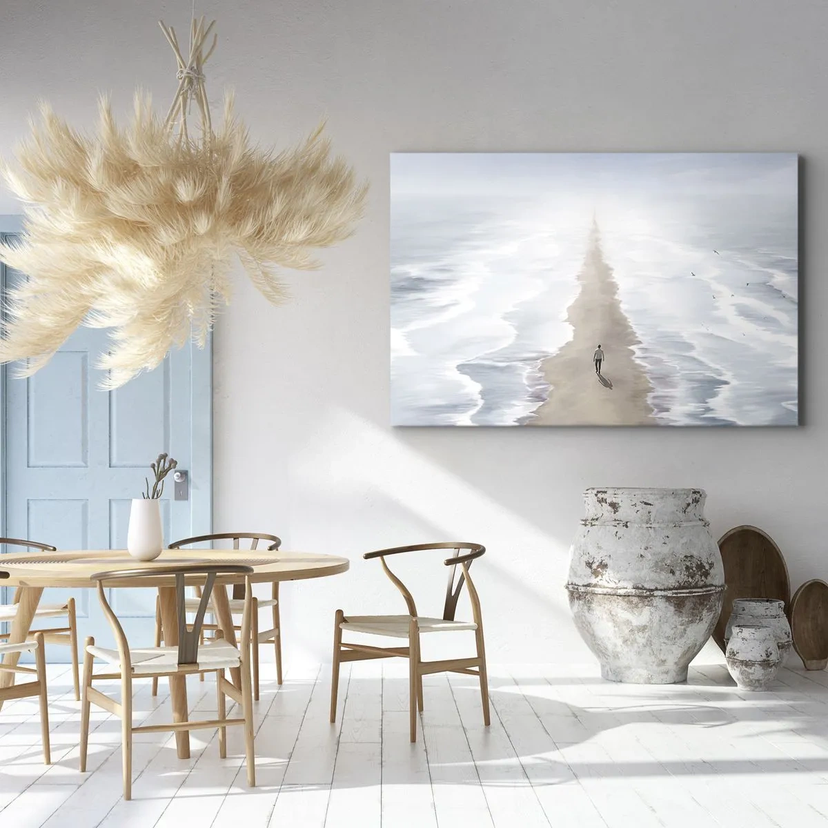 Canvastavla - Bild på duk - En figur på en ensam väg mitt i ett vidsträckt vattenlandskap - 70x50cm - Ljus framtid - Modern väggdekoration för vardagsrum och sovrum ARTTOR