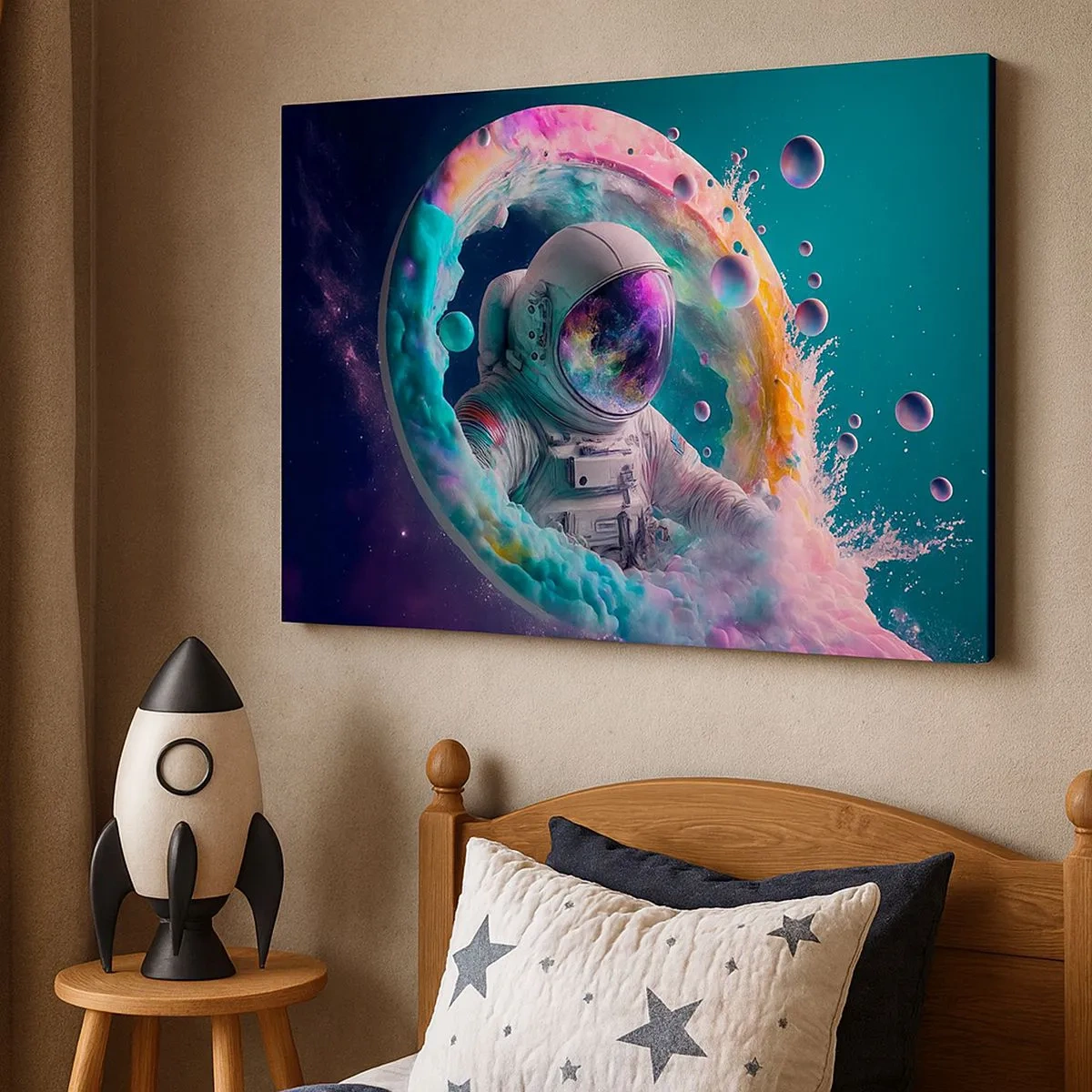 Canvastavla - Bild på duk - Astronaut i en färgglad kosmisk aura - 70x50cm - Stjärnport - Modern väggdekoration för vardagsrum och sovrum ARTTOR