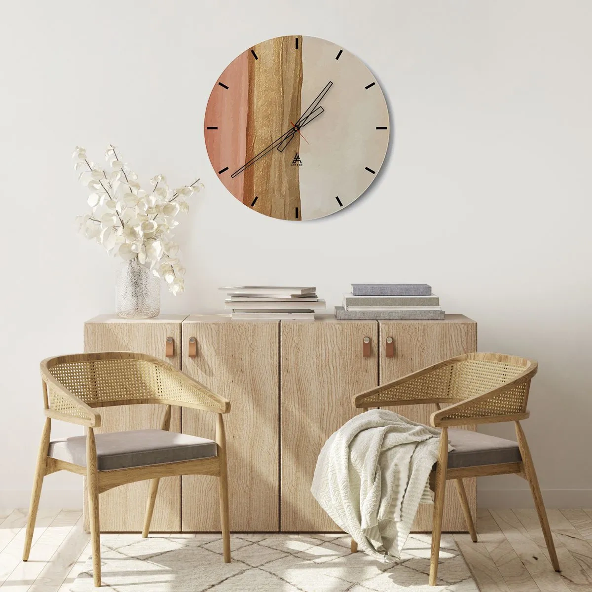 Väggklocka - Klocka på glas - Vertikala ränder i nyanser av beige, trä och terrakotta - 30x30cm - Vertikal komposition - Modern väggdekoration för vardagsrum, kök och sovrum ARTTOR