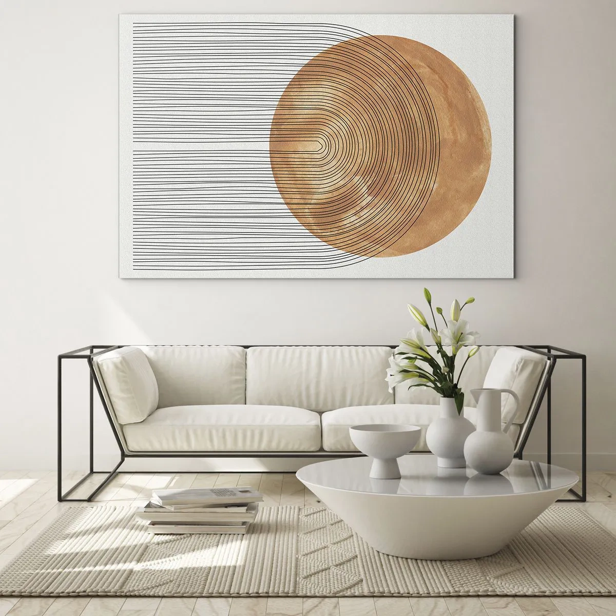Glastavla - Bild på glas - Geometrisk form med koncentriska linjer och en gyllene cirkel - 70x50cm - En solig komposition - Modern väggdekoration för vardagsrum och sovrum ARTTOR