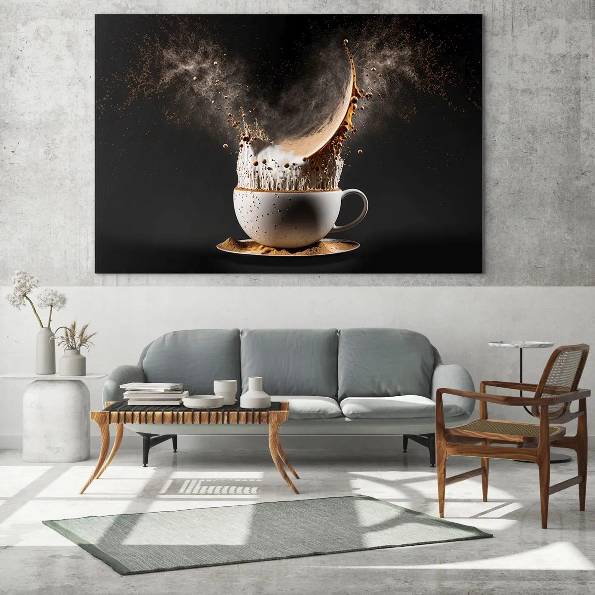 Glastavla - Bild på glas - Stänkande kaffe med mjölk i en dynamisk bild - 70x50cm - Smakexplosion - Modern väggdekoration för vardagsrum och sovrum ARTTOR