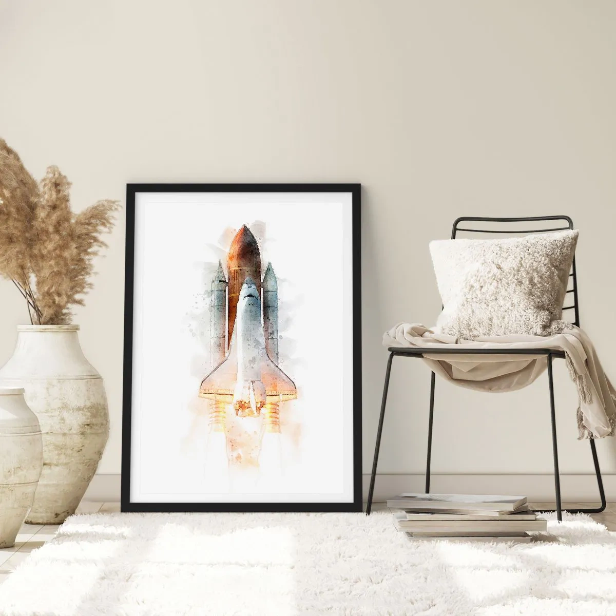 Affisch i svart ram - Rymdfärjan i akvarellstil lyfter - 50x70cm - Upptäckare efter start - Modern väggdekoration för vardagsrum och sovrum ARTTOR