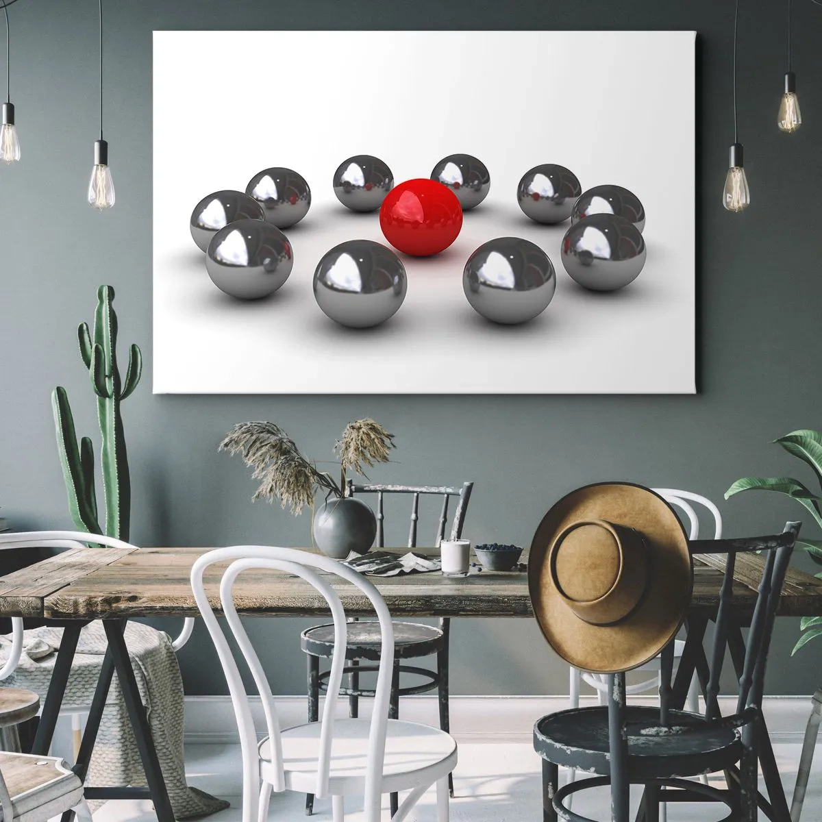 Canvastavla - Bild på duk - En röd boll omgiven av silverkulor på en vit bakgrund - 70x50cm - Ring i silver och röd - Modern väggdekoration för vardagsrum och sovrum ARTTOR