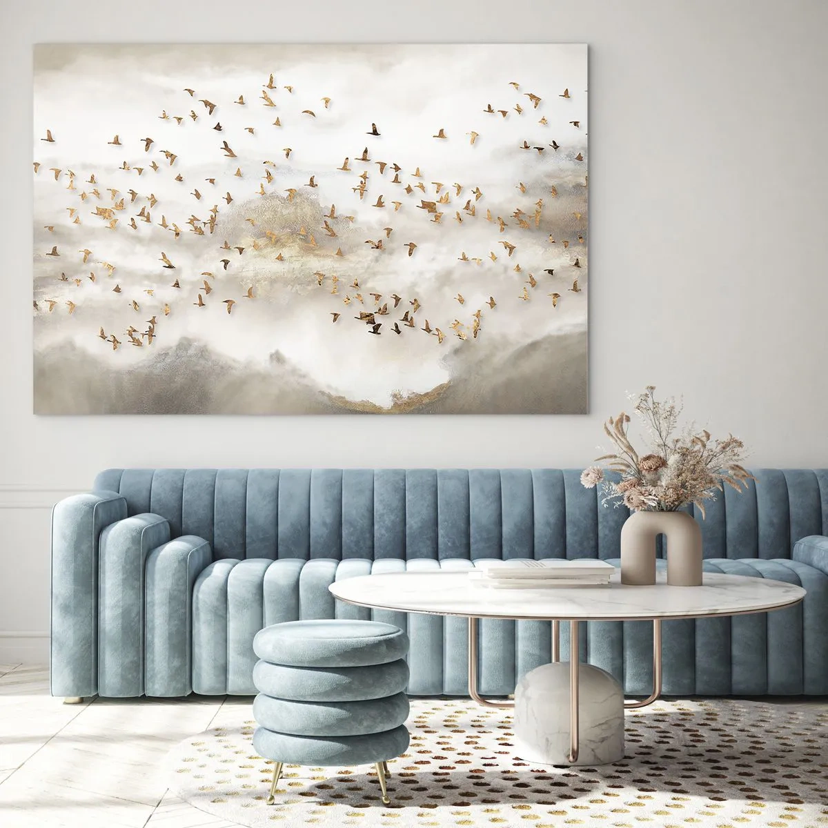 Glastavla - Bild på glas - En flock fåglar som flyger över ett dimmigt landskap - 70x50cm - Det är dags... - Modern väggdekoration för vardagsrum och sovrum ARTTOR