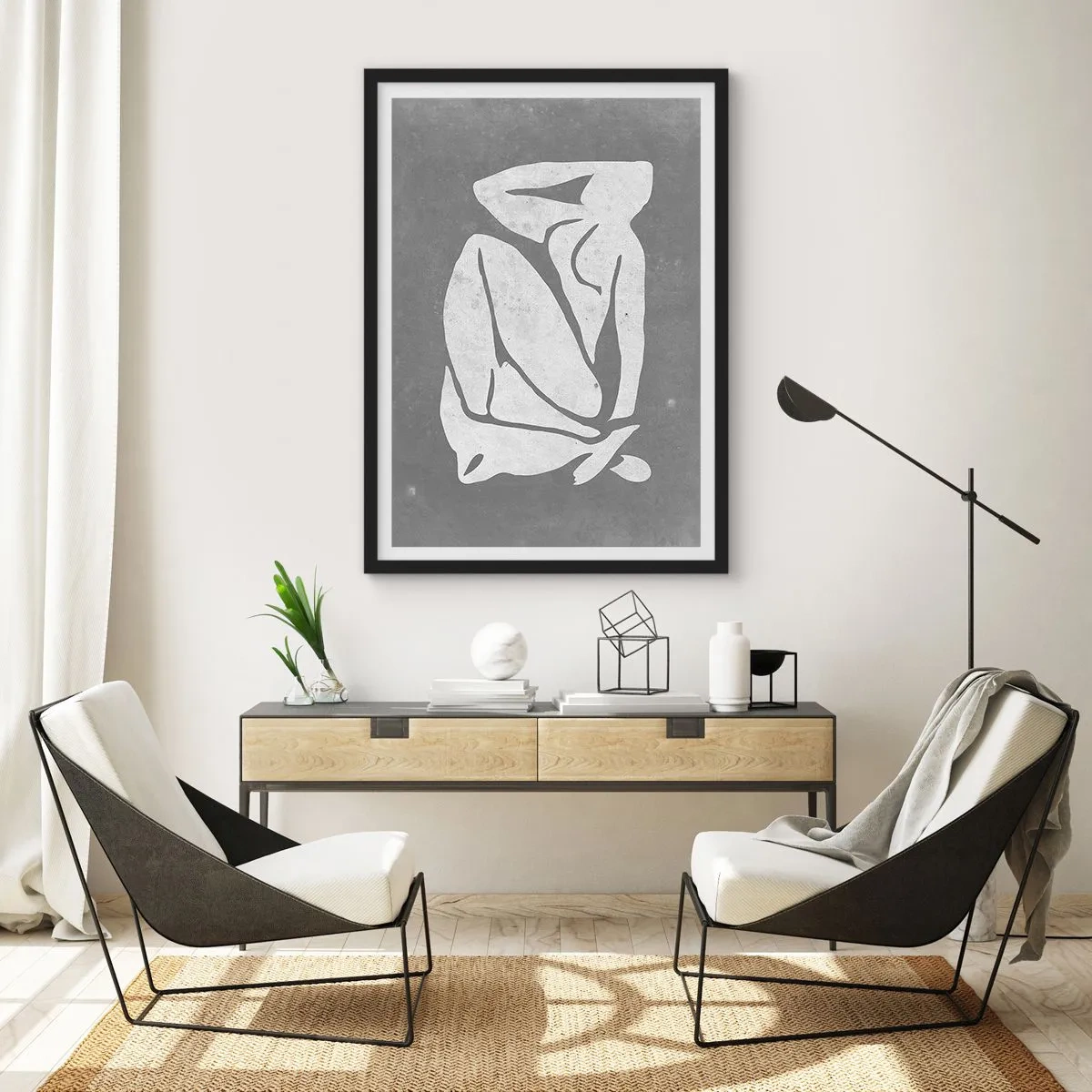 Affisch i svart ram - En minimalistisk silhuett av en kvinna i grå nyanser - 50x70cm - I drömmarnas värld - Modern väggdekoration för vardagsrum och sovrum ARTTOR