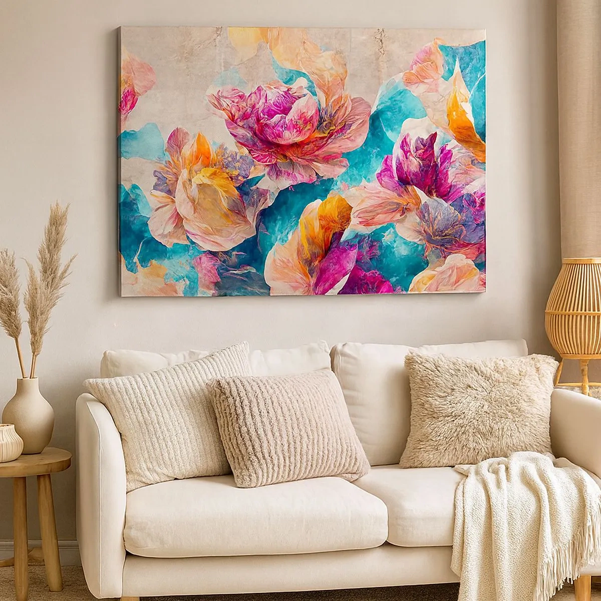 Canvastavla - Bild på duk - Färgglada blommor på en beige bakgrund - 70x50cm - Den färgsprakande prakten hos en bukett - Modern väggdekoration för vardagsrum och sovrum ARTTOR