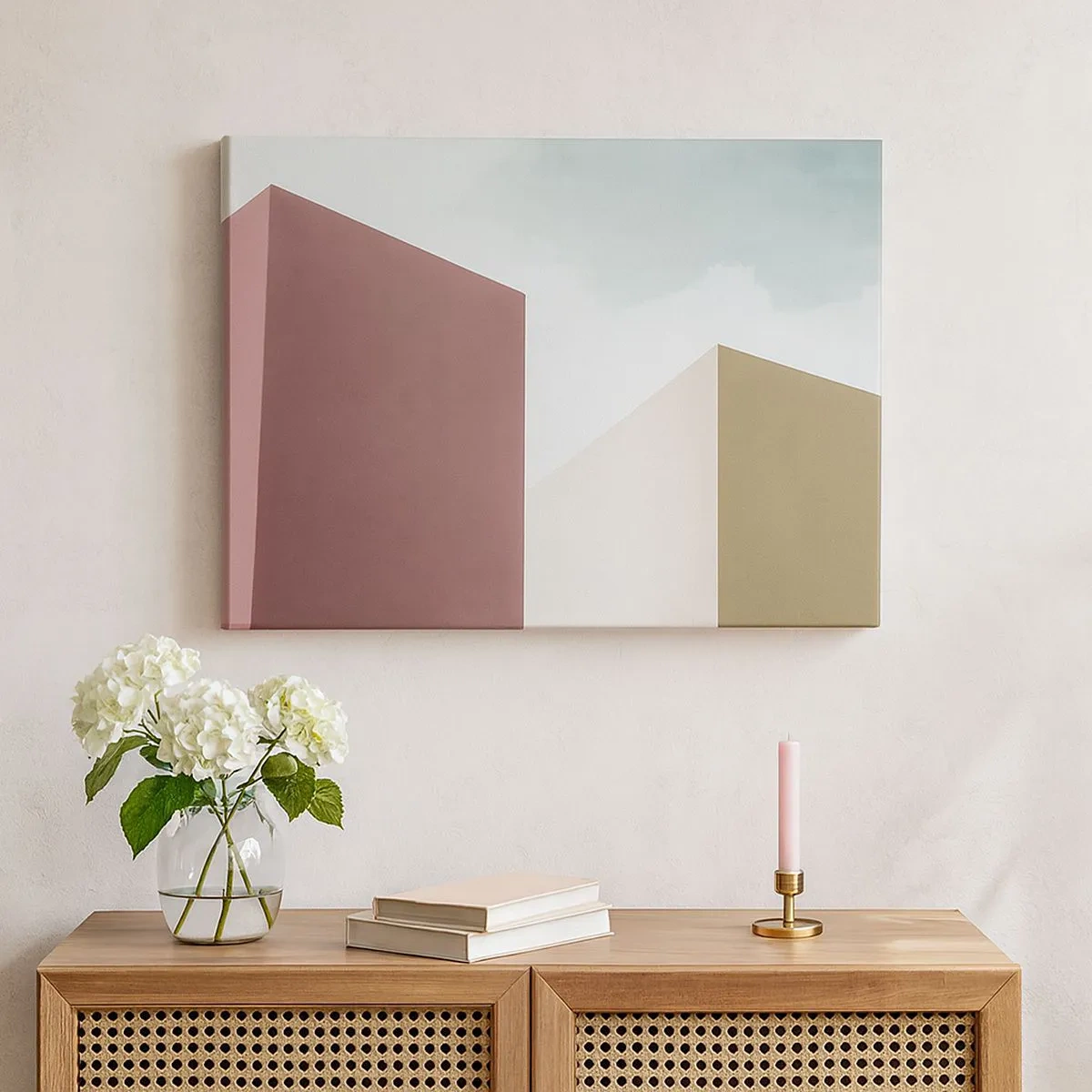 Canvastavla - Bild på duk - Minimalistisk arkitektur med pastellfärgade block och himmel - 70x50cm - Geometri av en solig sommar - Modern väggdekoration för vardagsrum och sovrum ARTTOR