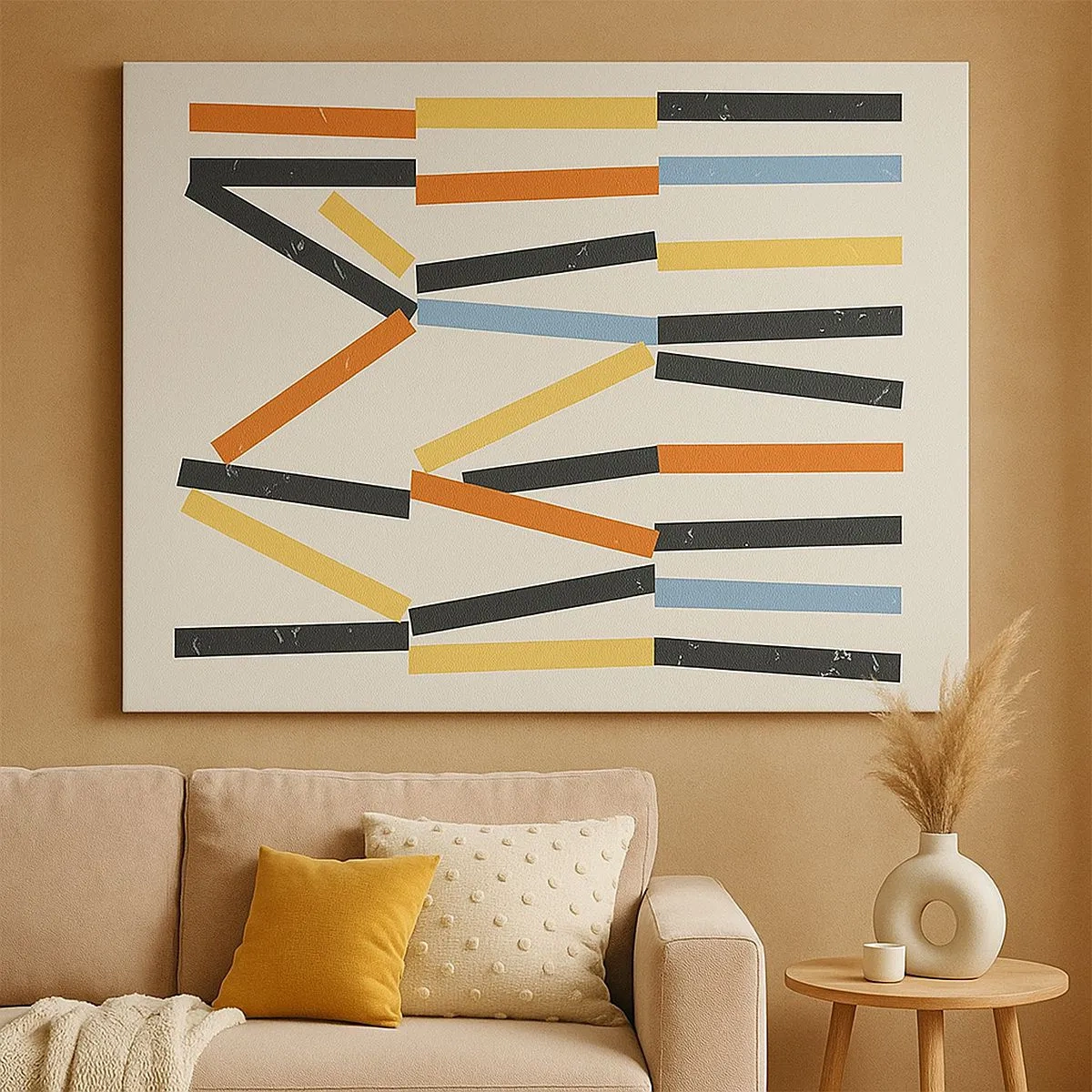 Canvastavla - Bild på duk - Abstrakt komposition med färgade och svarta rektanglar i ett horisontellt arrangemang - 70x50cm - Horisontell komposition - Modern väggdekoration för vardagsrum och sovrum ARTTOR