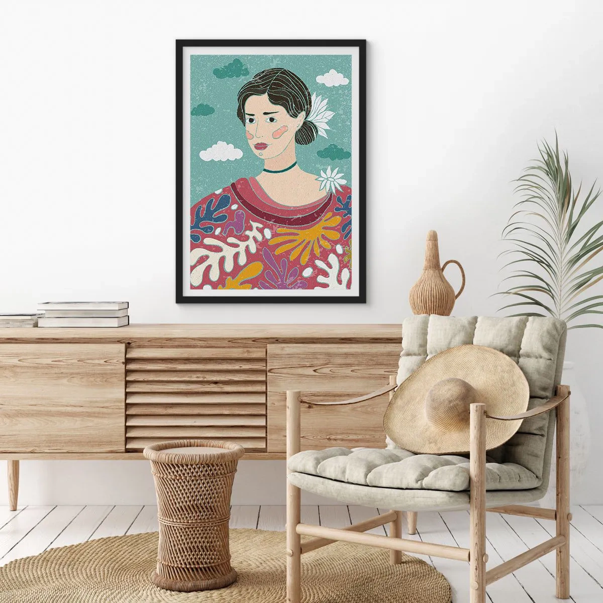 Affisch i svart ram - Porträtt av en kvinna i en färgglad, stiliserad klänning mot en bakgrund av moln. - 50x70cm - Med melankoli i blicken - Modern väggdekoration för vardagsrum och sovrum ARTTOR