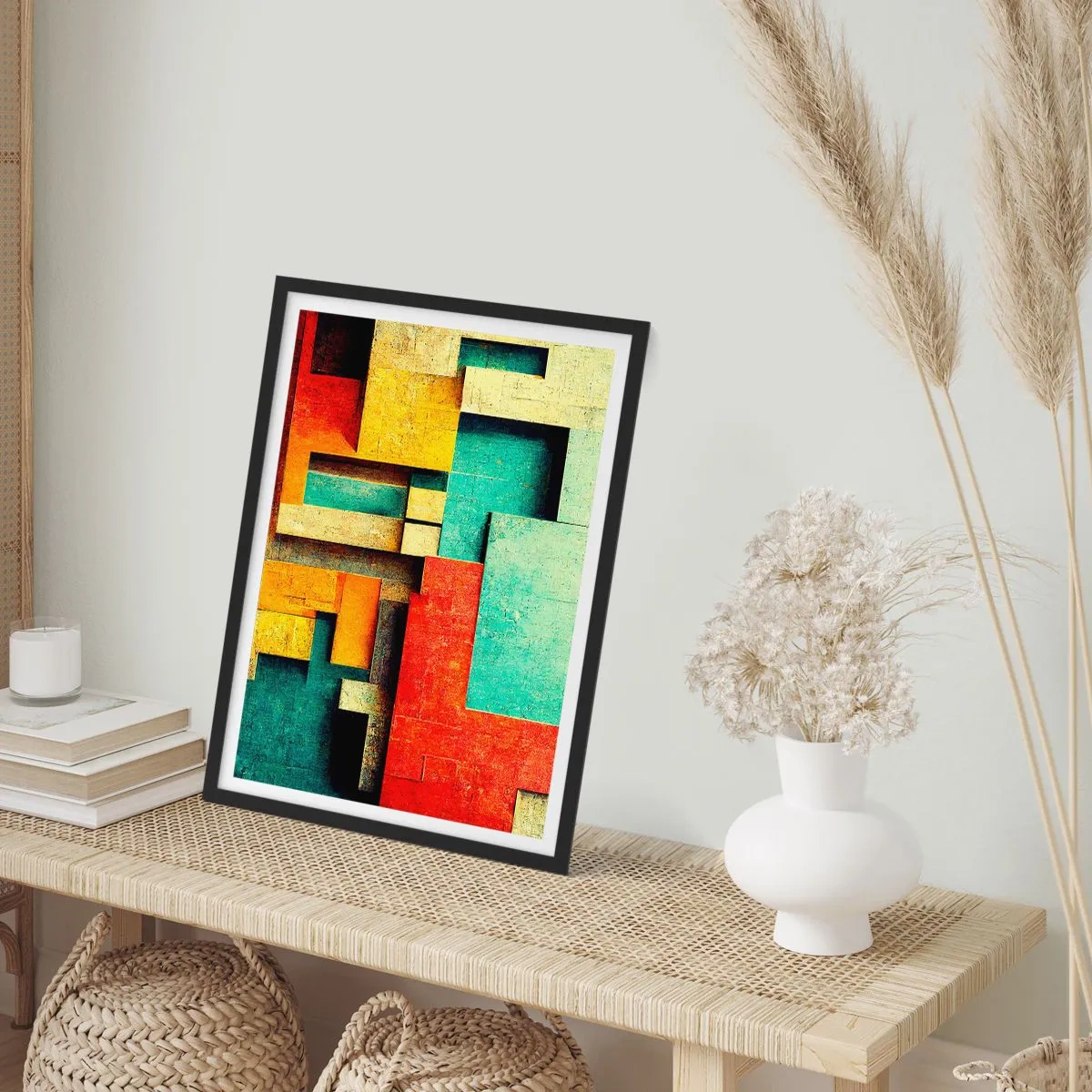Affisch i svart ram - Geometrisk abstraktion i livfulla färger - 50x70cm - Festival av räta vinklar - Modern väggdekoration för vardagsrum och sovrum ARTTOR