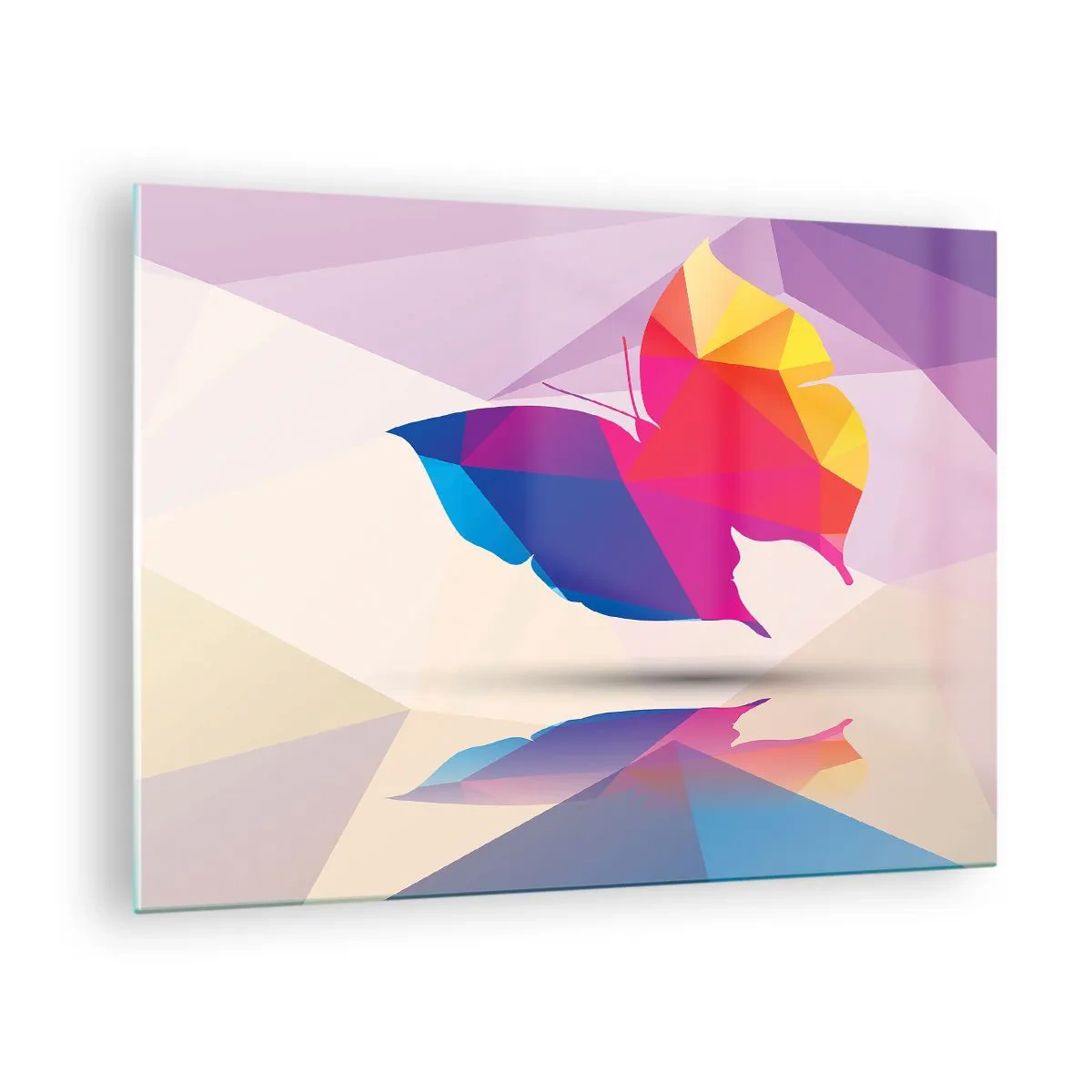 Glastavla - Bild på glas - Geometrisk fjäril i ljus färgglad abstraktion - 70x50cm - Fjärilregnbåge - Modern väggdekoration för vardagsrum och sovrum ARTTOR