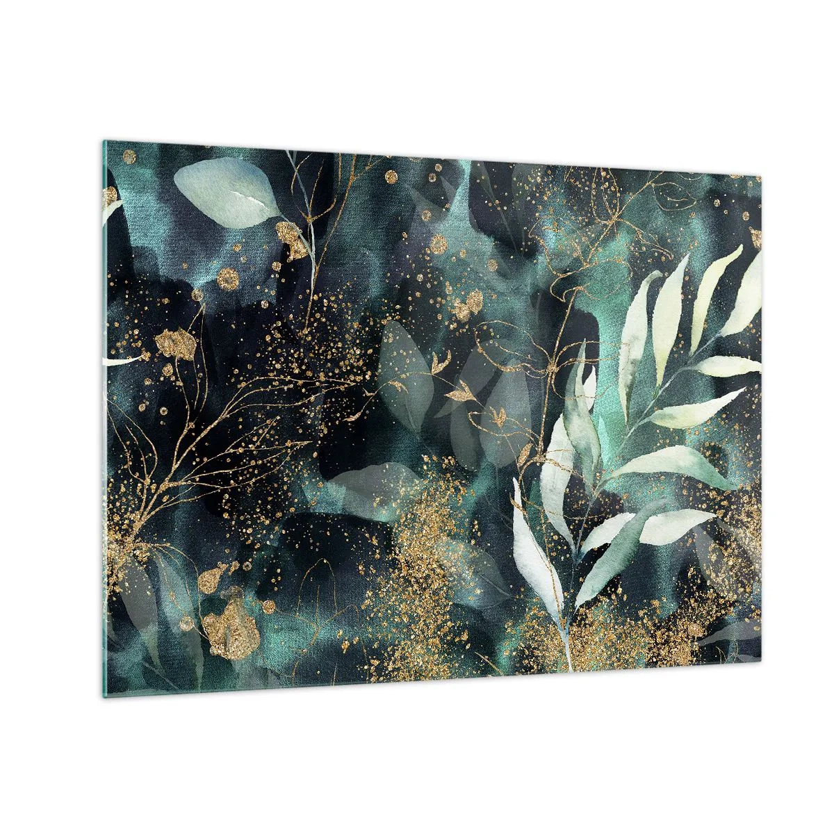 Glastavla - Bild på glas - Guld- och gröna blad på en mörk bakgrund - 70x50cm - Förtrollad trädgård - Modern väggdekoration för vardagsrum och sovrum ARTTOR