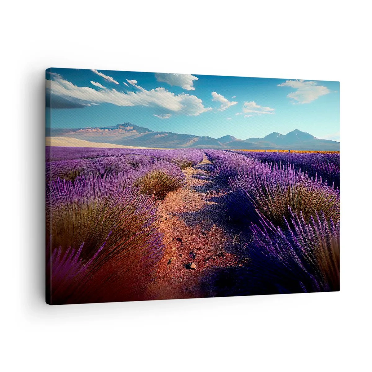Canvastavla - Bild på duk - Ett lavendelfält med utsikt över bergen och den blå himlen - 70x50cm - Doftande fält - Modern väggdekoration för vardagsrum och sovrum ARTTOR