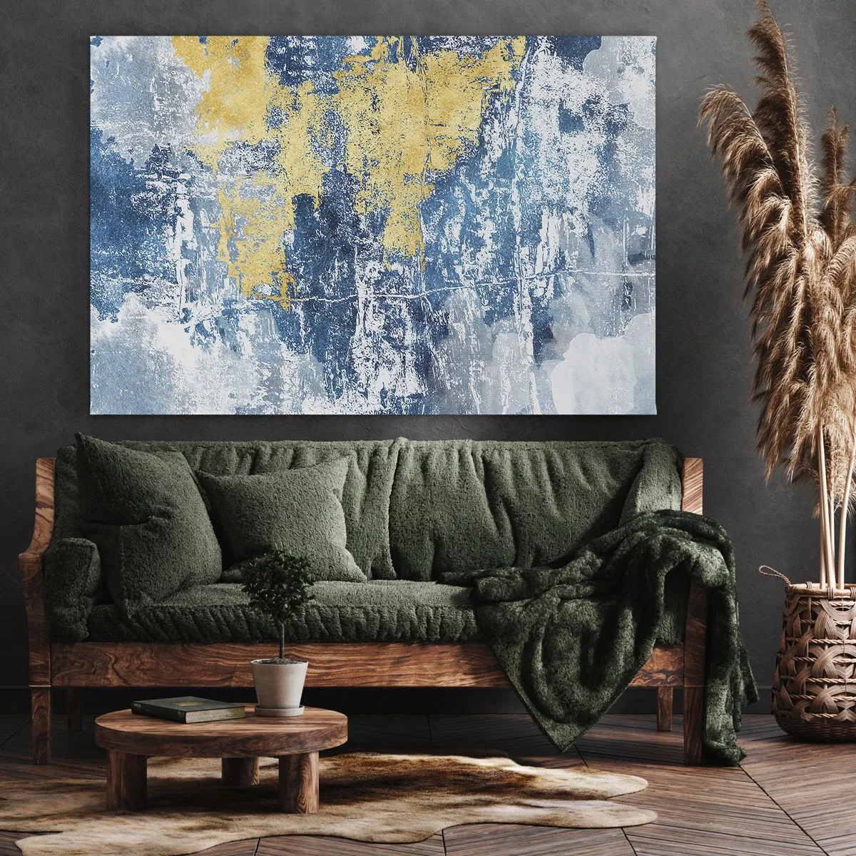 Canvastavla - Bild på duk - Abstraktion i nyanser av blått och gult - 70x50cm - En väderfylld abstraktion - Modern väggdekoration för vardagsrum och sovrum ARTTOR