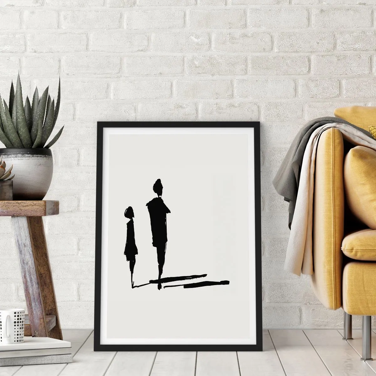 Affisch i svart ram - Silhuetter av två figurer i svart mot en ljus bakgrund - 50x70cm - Säkert tillsammans? - Modern väggdekoration för vardagsrum och sovrum ARTTOR