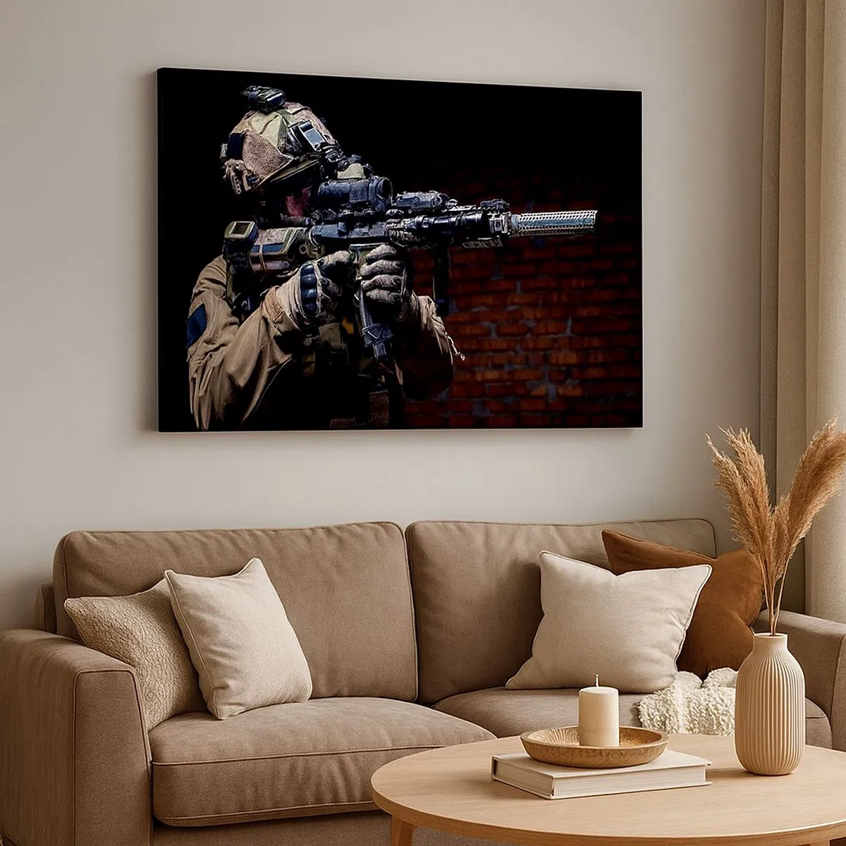 Canvastavla - Bild på duk - En soldat i full utrustning med ett gevär - 70x50cm - Dödligt effektiv - Modern väggdekoration för vardagsrum och sovrum ARTTOR