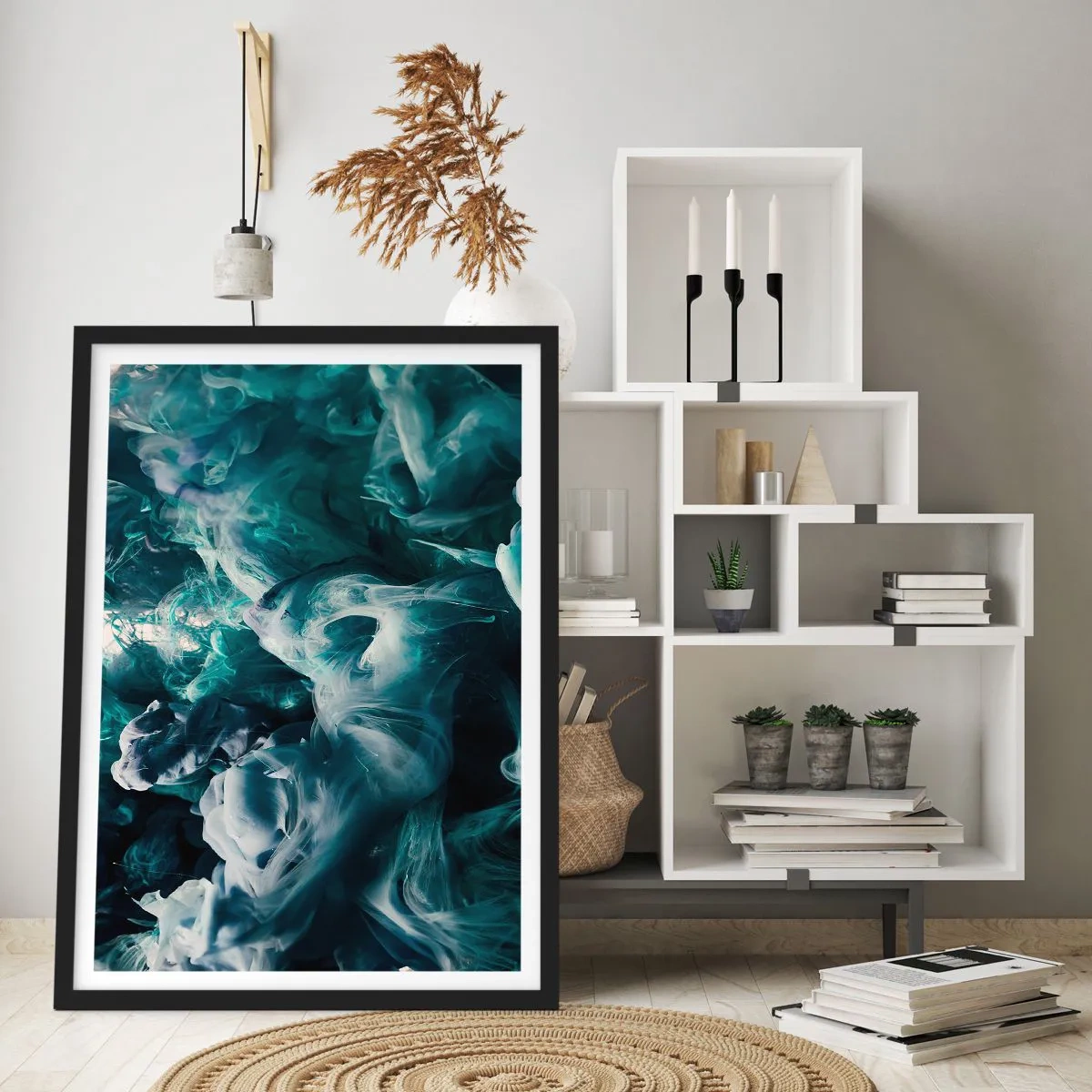 Affisch i svart ram - En abstrakt komposition av virvlande färger i nyanser av grönt och blått. - 50x70cm - Färg i rörelse - Modern väggdekoration för vardagsrum och sovrum ARTTOR
