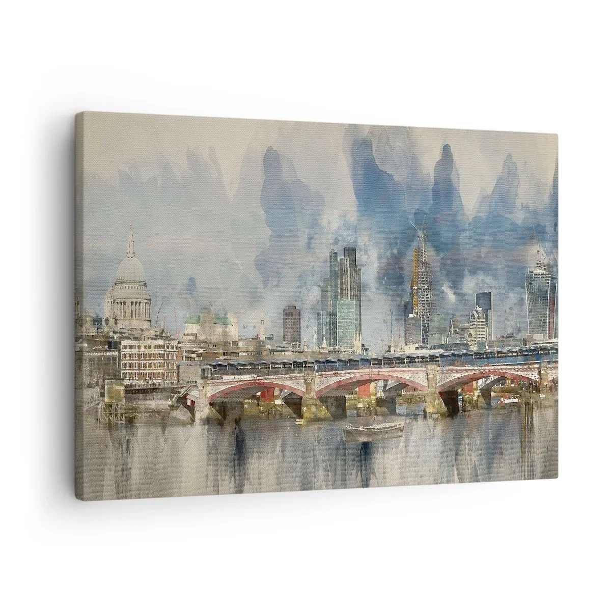 Canvastavla - Bild på duk - Akvarellvy av bron och stadens silhuett - 70x50cm - London i hela sin prakt - Modern väggdekoration för vardagsrum och sovrum ARTTOR