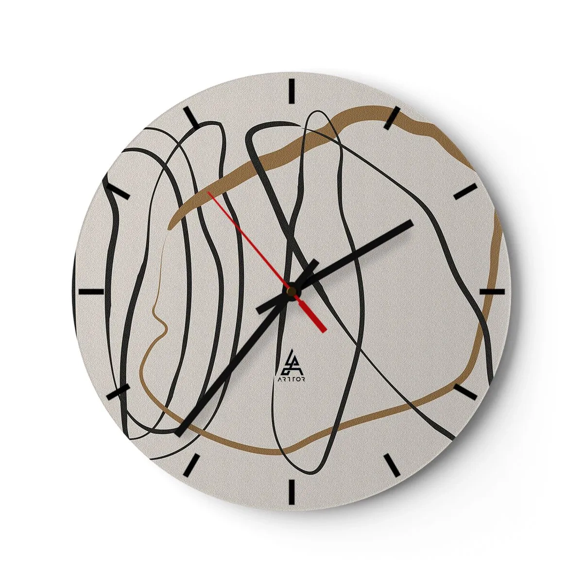 Väggklocka - Klocka på glas - Abstrakta, dansande linjer mot en ljus bakgrund - 30x30cm - Komposition: besittande dans - Modern väggdekoration för vardagsrum, kök och sovrum ARTTOR