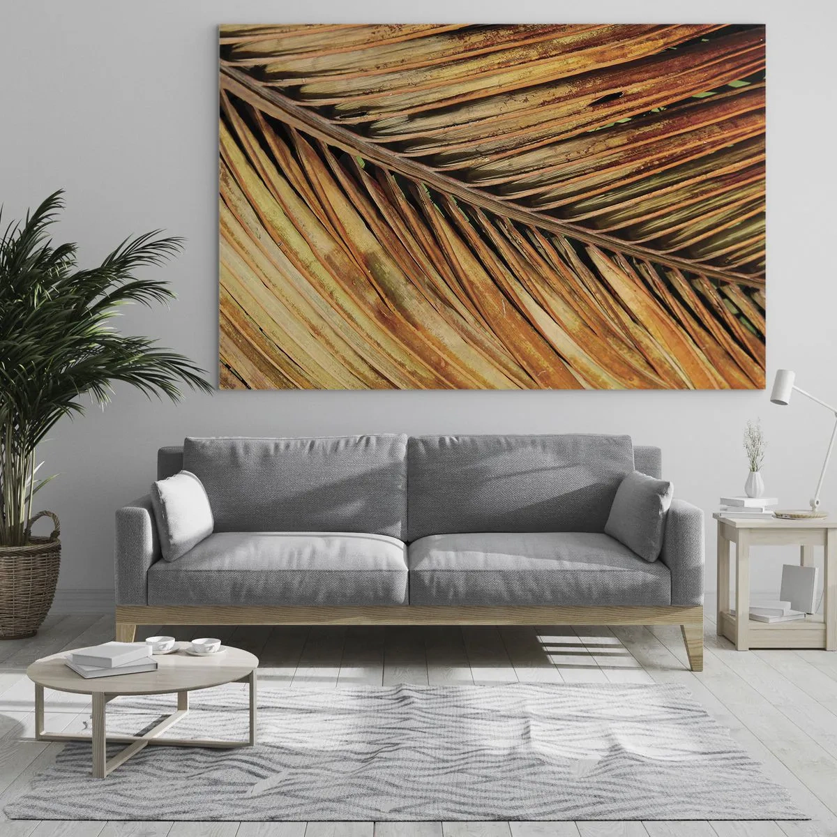 Glastavla - Bild på glas - Närbild av torra, gyllene palmblad - 70x50cm - Kokosguld - Modern väggdekoration för vardagsrum och sovrum ARTTOR