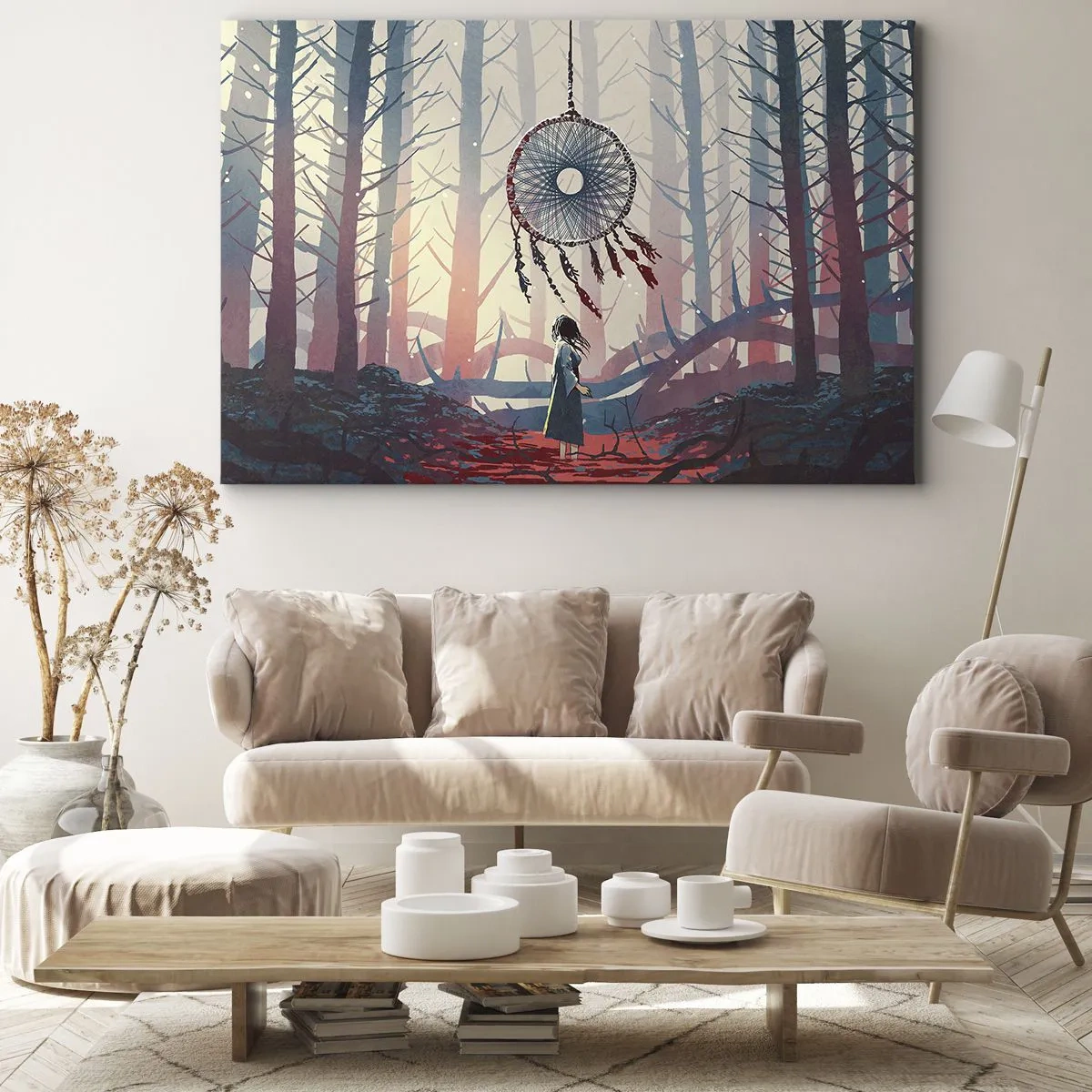 Canvastavla - Bild på duk - Skogsscen med en gigantisk drömfångare - 70x50cm - Hemlighetsfull ritual av lyckan - Modern väggdekoration för vardagsrum och sovrum ARTTOR